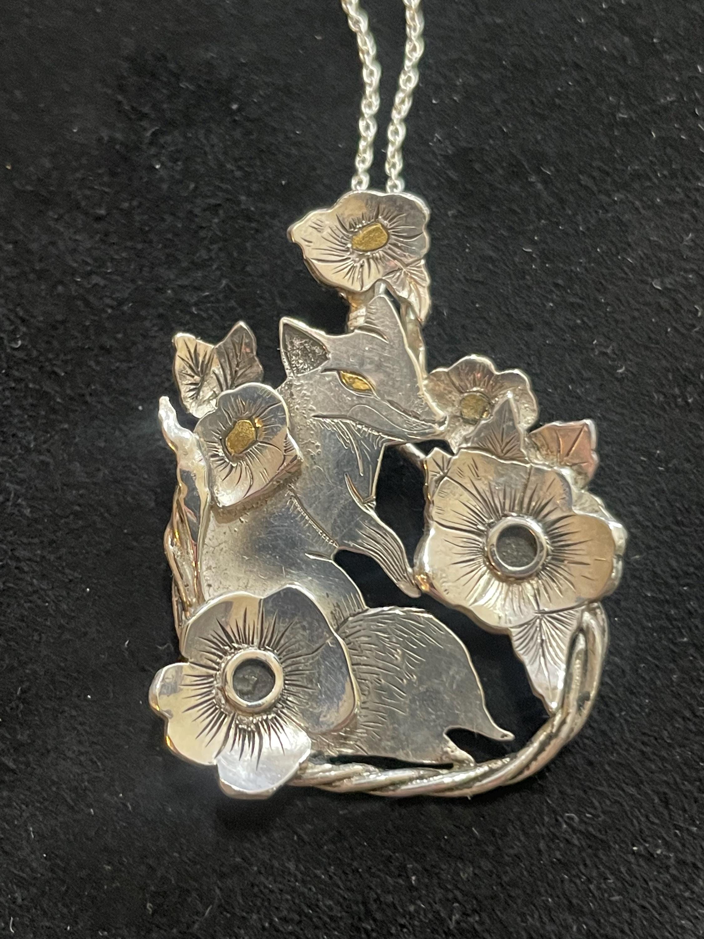 Floral Respite- Argentium Silver Fox Sculpture Pendant With Gold Inlay