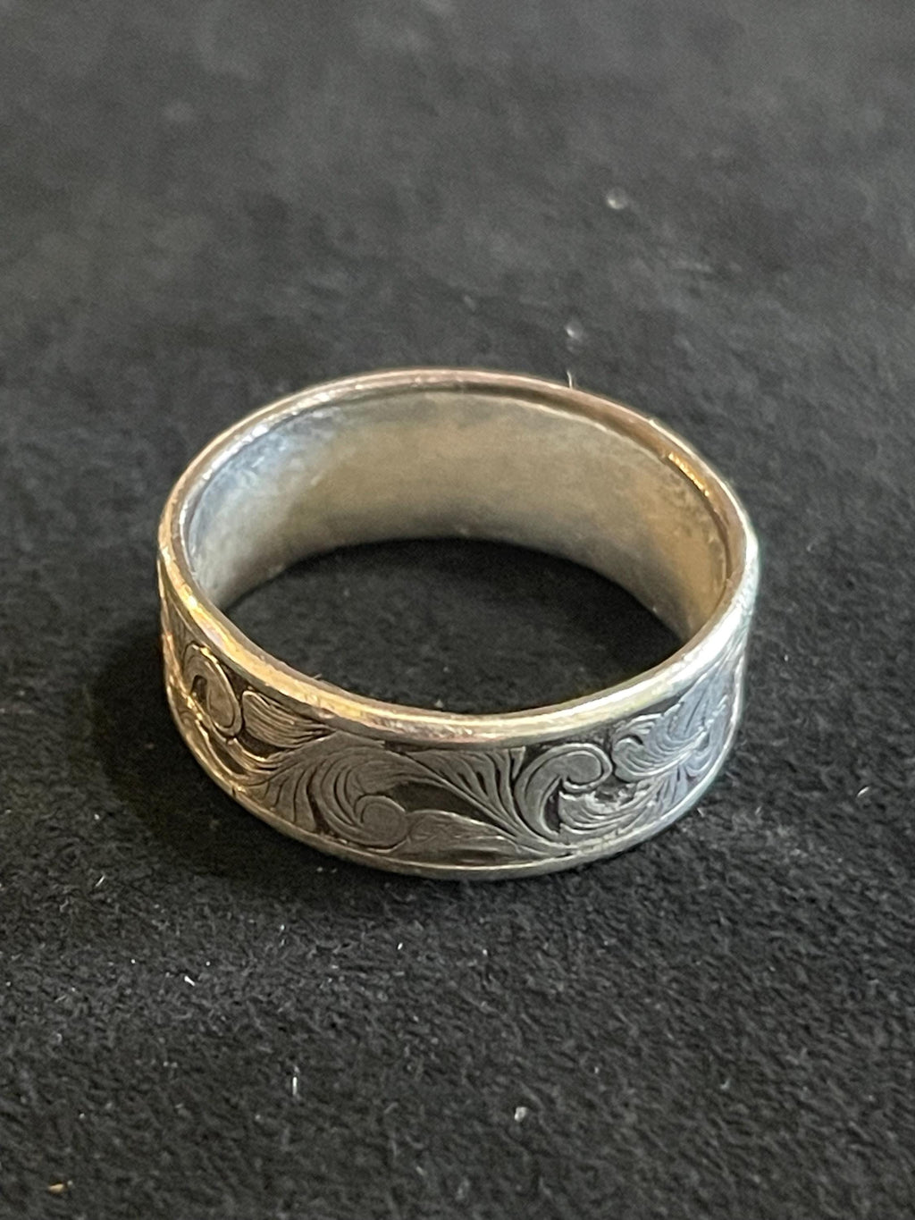 Hand Engraved Argentium Silver Floral Scroll Ring- Size 8