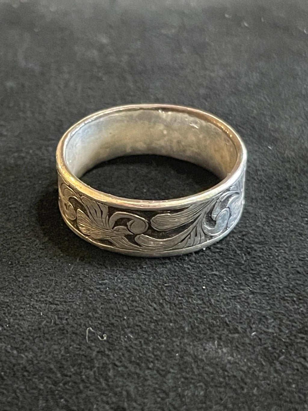 Hand Engraved Argentium Silver Floral Scroll Ring- Size 8