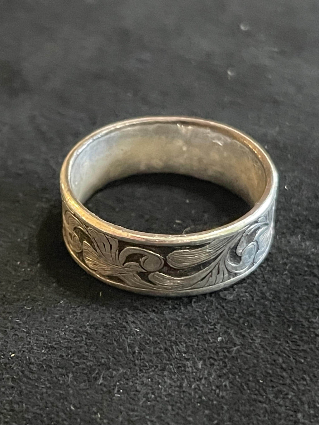 Hand Engraved Argentium Silver Floral Scroll Ring- Size 8