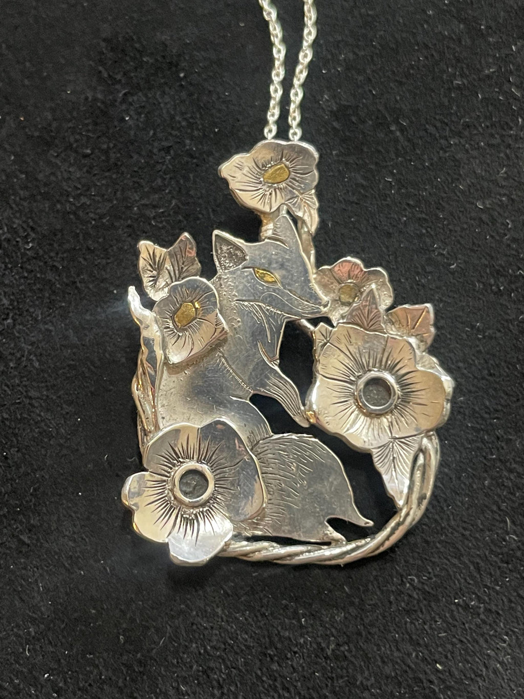 Floral Respite- Argentium Silver Fox Sculpture Pendant With Gold Inlay