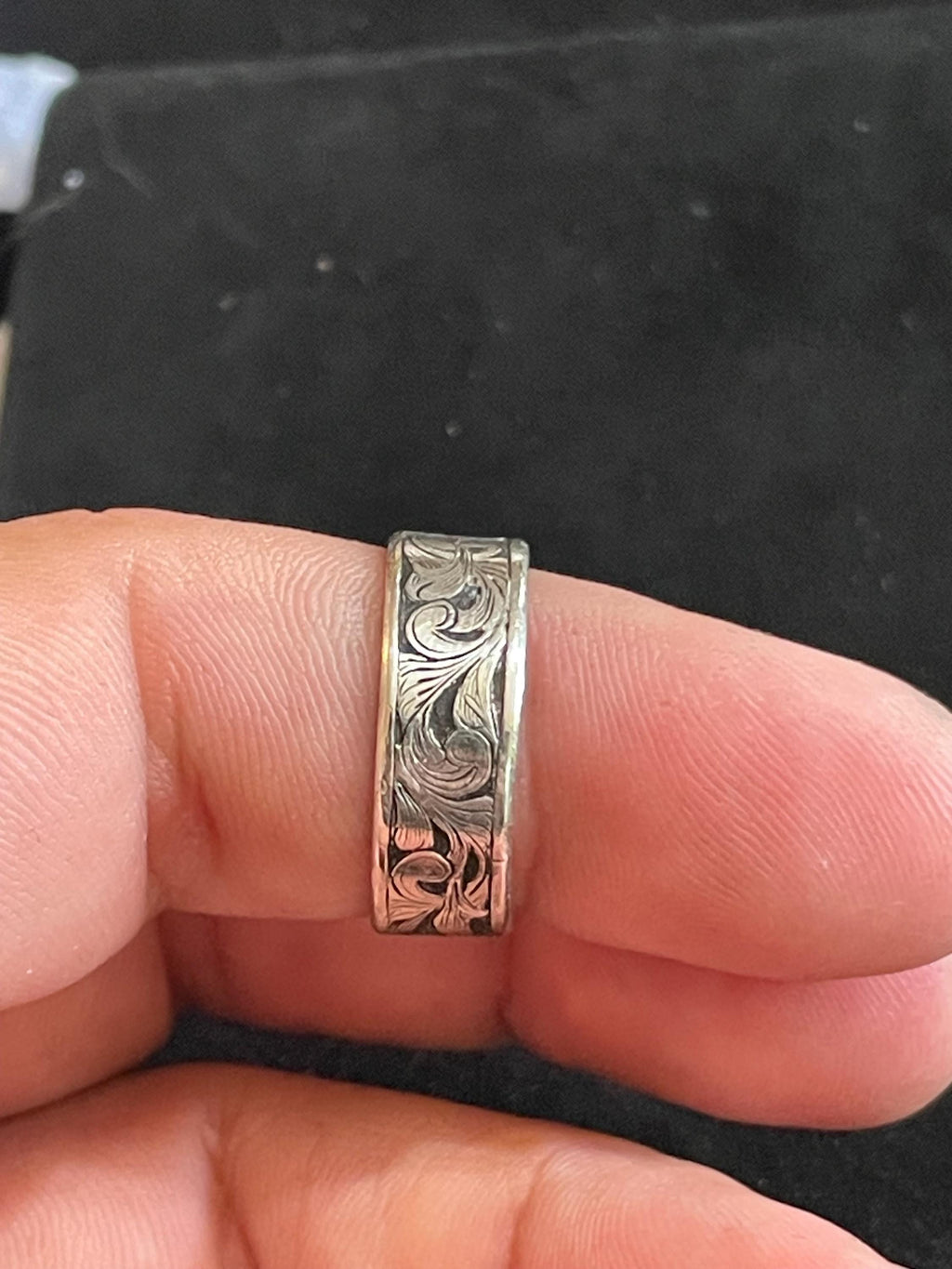 Hand Engraved Argentium Silver Floral Scroll Ring- Size 8