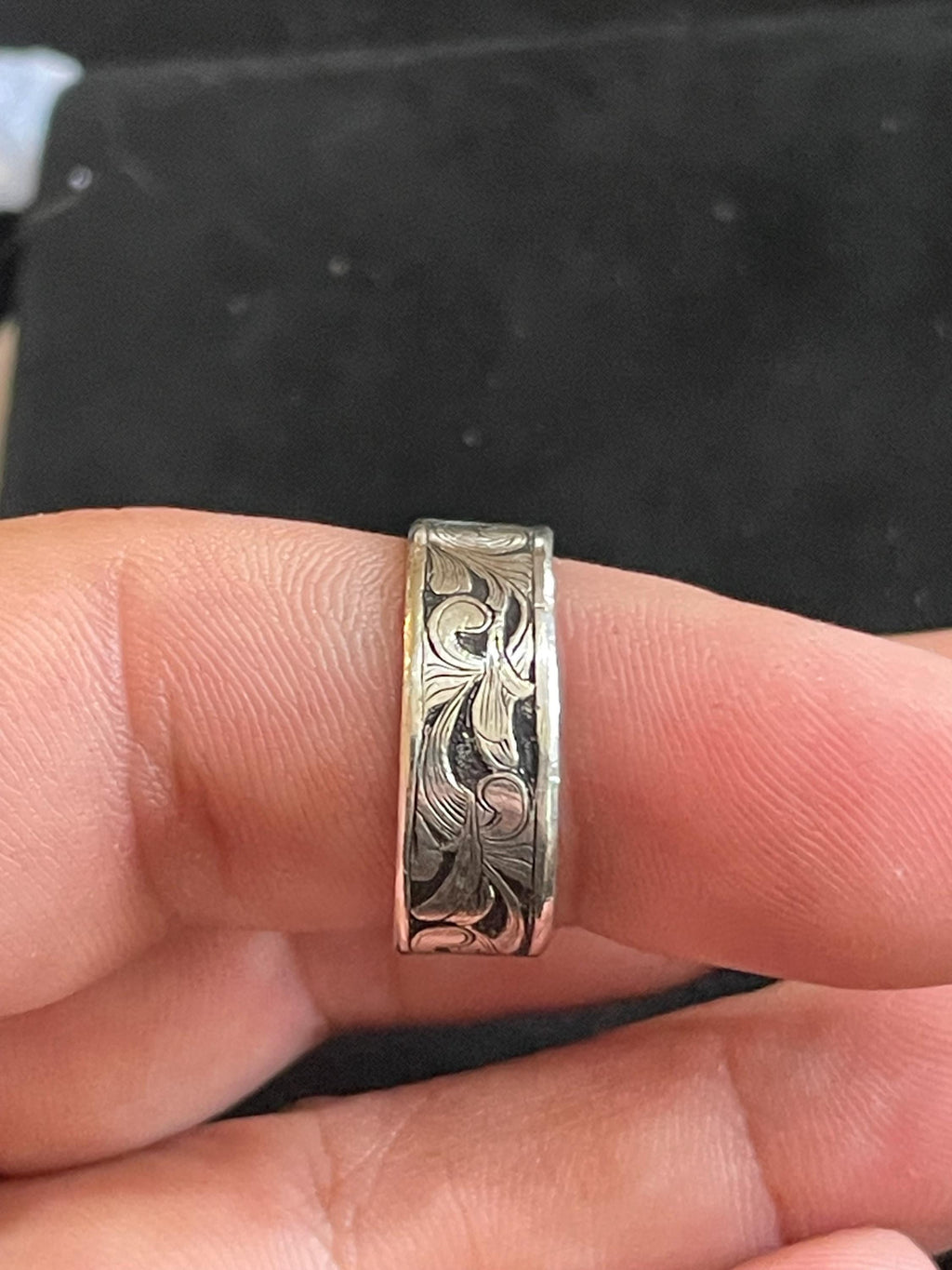 Hand Engraved Argentium Silver Floral Scroll Ring- Size 8