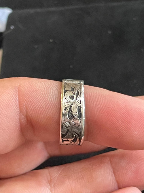 Hand Engraved Argentium Silver Floral Scroll Ring- Size 8