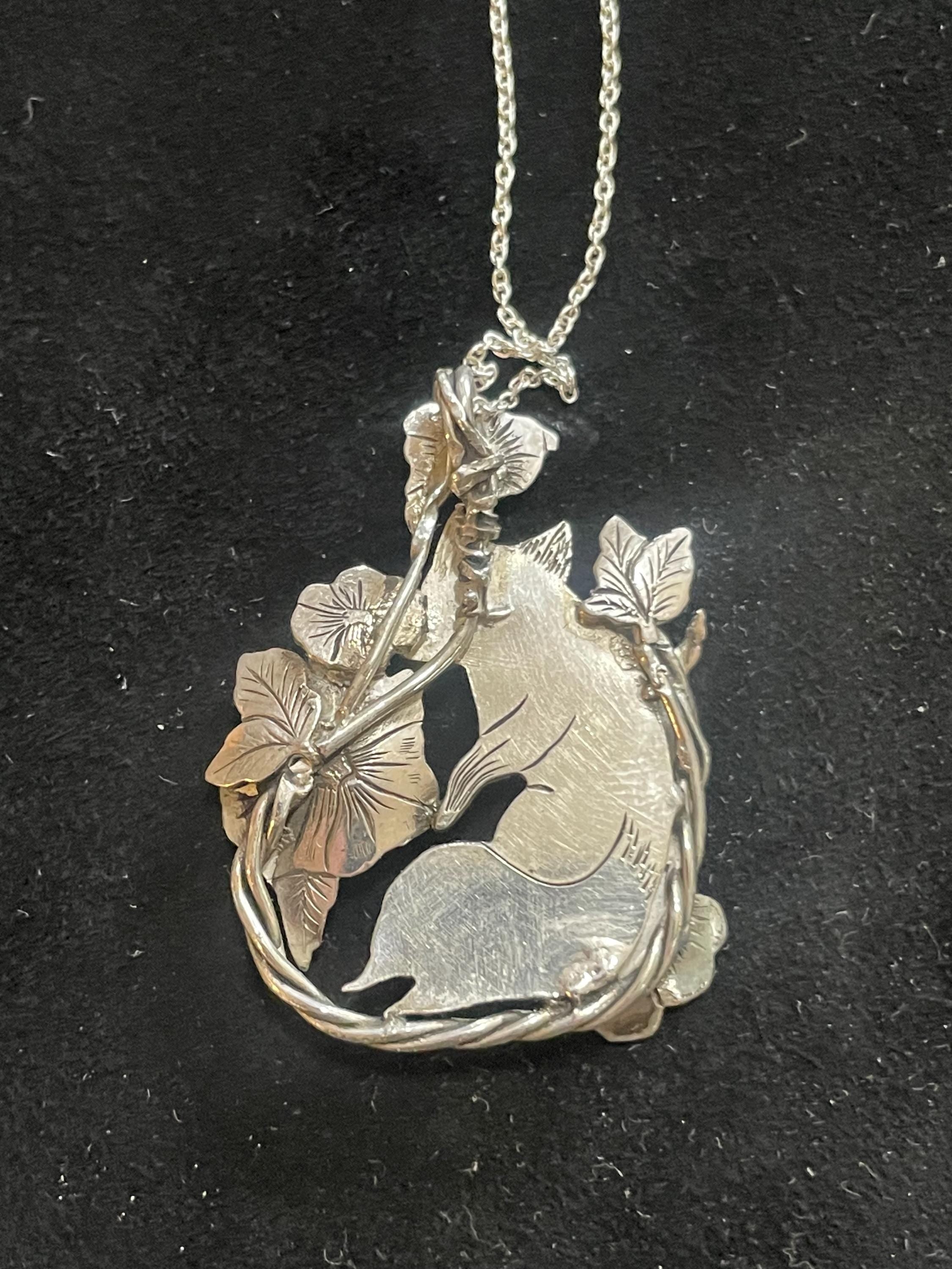 Floral Respite- Argentium Silver Fox Sculpture Pendant With Gold Inlay