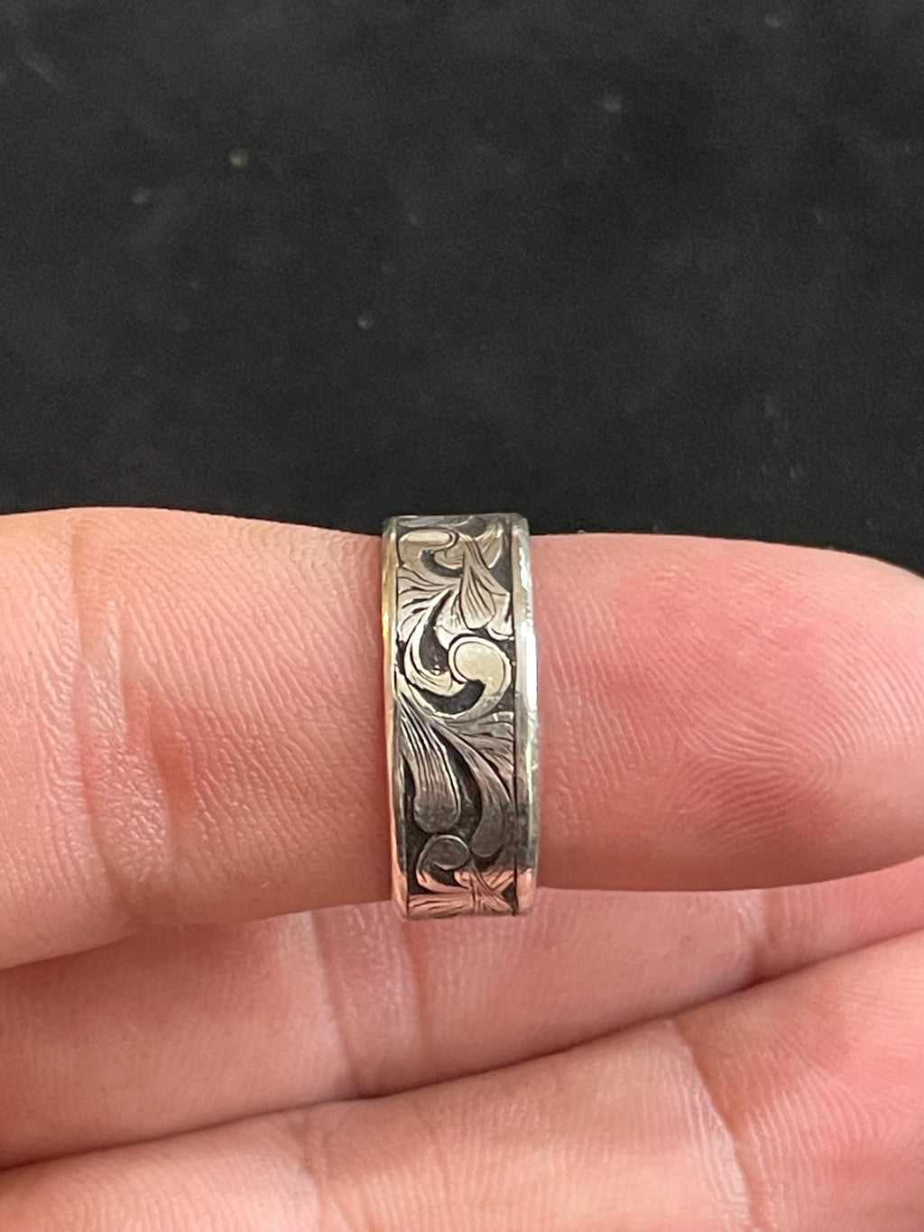 Hand Engraved Argentium Silver Floral Scroll Ring- Size 8