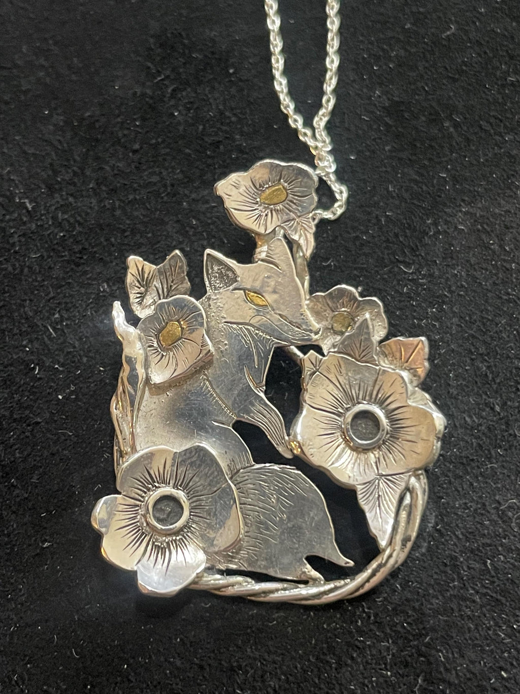 Floral Respite- Argentium Silver Fox Sculpture Pendant With Gold Inlay