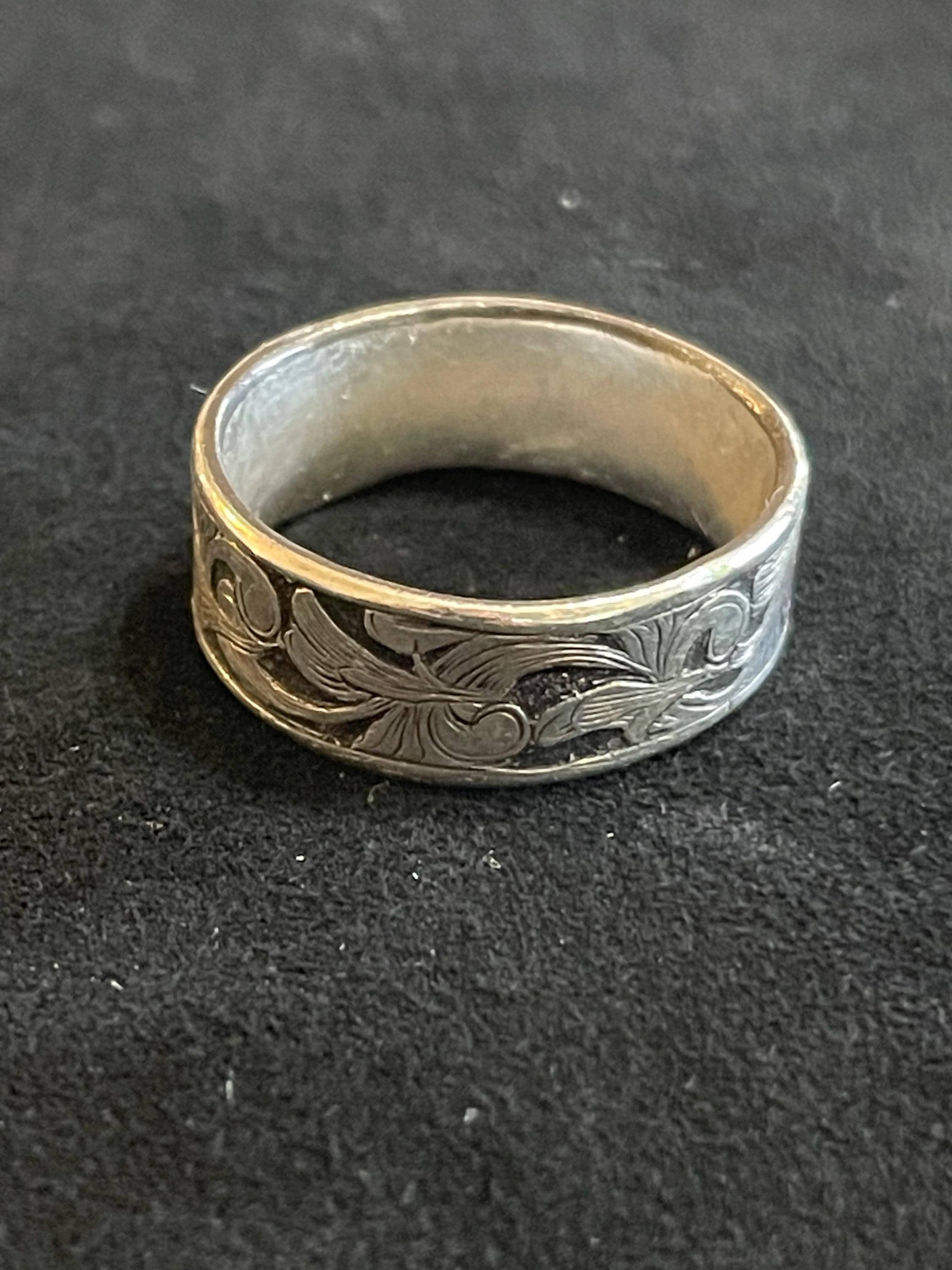 Hand Engraved Argentium Silver Floral Scroll Ring- Size 8